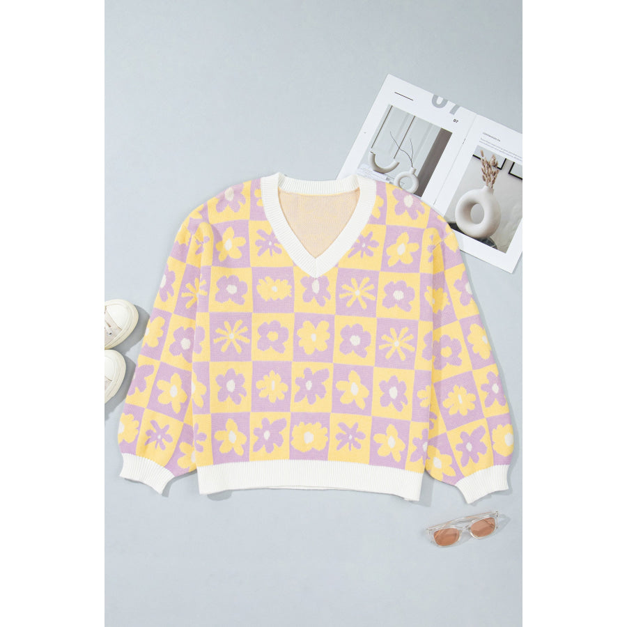 Multicolour V Neck Plaid Floral Long Sleeve Plus Size Sweater Size/Plus Sweaters & Cardigans