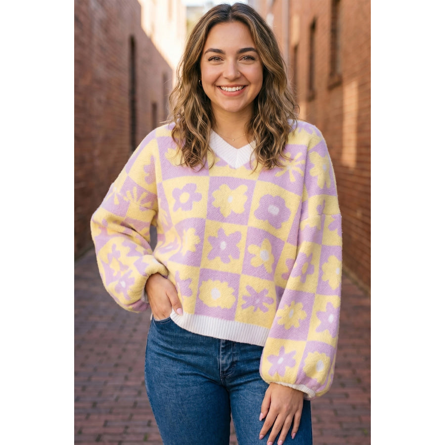 Multicolour V Neck Plaid Floral Long Sleeve Plus Size Sweater Size/Plus Sweaters & Cardigans