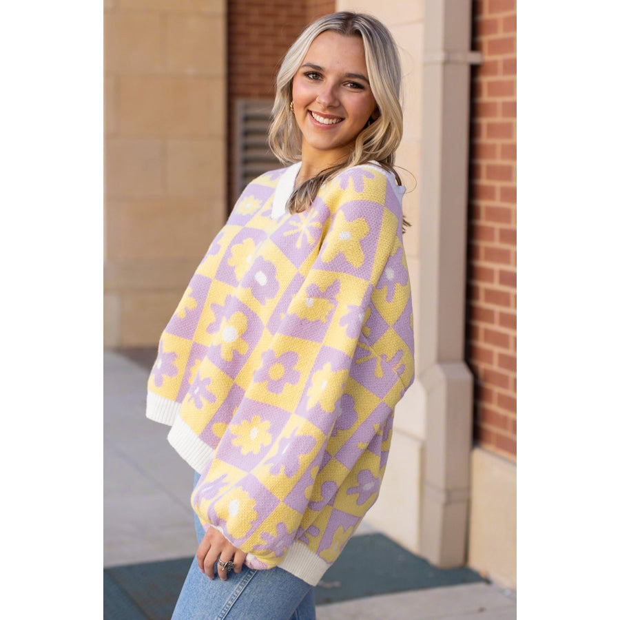Multicolour V Neck Plaid Floral Long Sleeve Plus Size Sweater Size/Plus Sweaters & Cardigans