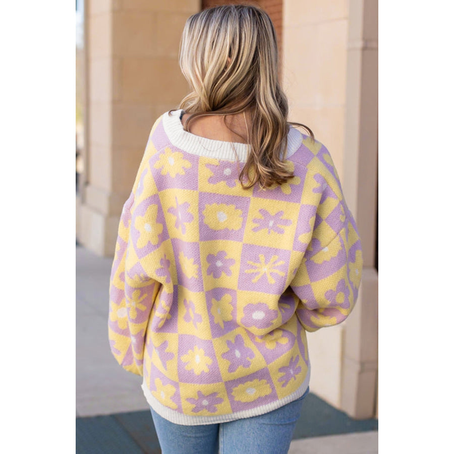 Multicolour V Neck Plaid Floral Long Sleeve Plus Size Sweater Size/Plus Sweaters & Cardigans
