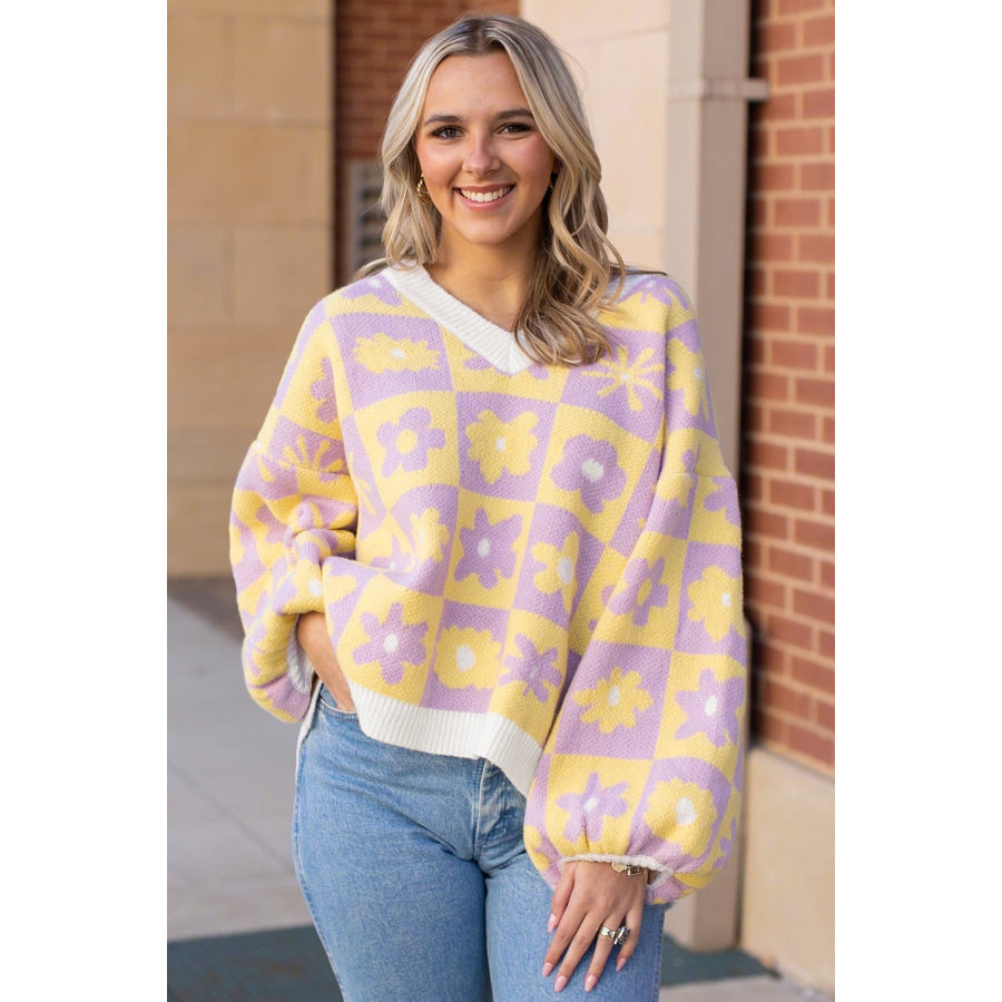 Multicolour V Neck Plaid Floral Long Sleeve Plus Size Sweater Size/Plus Sweaters & Cardigans