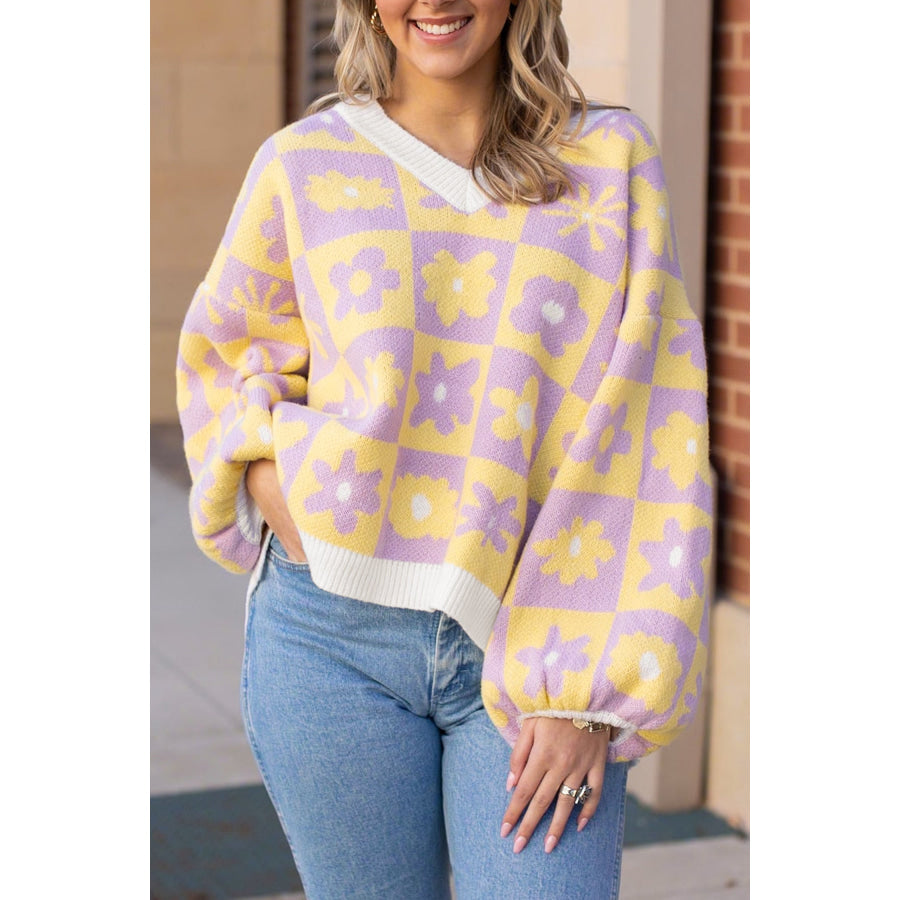 Multicolour V Neck Plaid Floral Long Sleeve Plus Size Sweater Size/Plus Sweaters & Cardigans