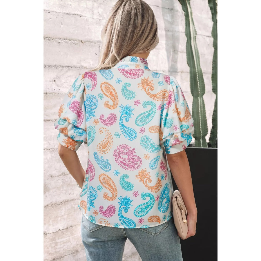 Multicolour Vibrant Paisley Printed Button Keyhole Puff Sleeve Blouse Apparel and Accessories