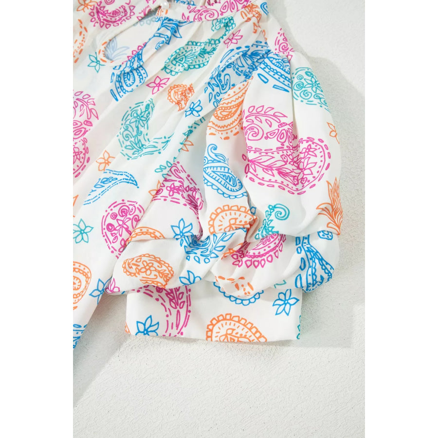 Multicolour Vibrant Paisley Printed Button Keyhole Puff Sleeve Blouse Apparel and Accessories