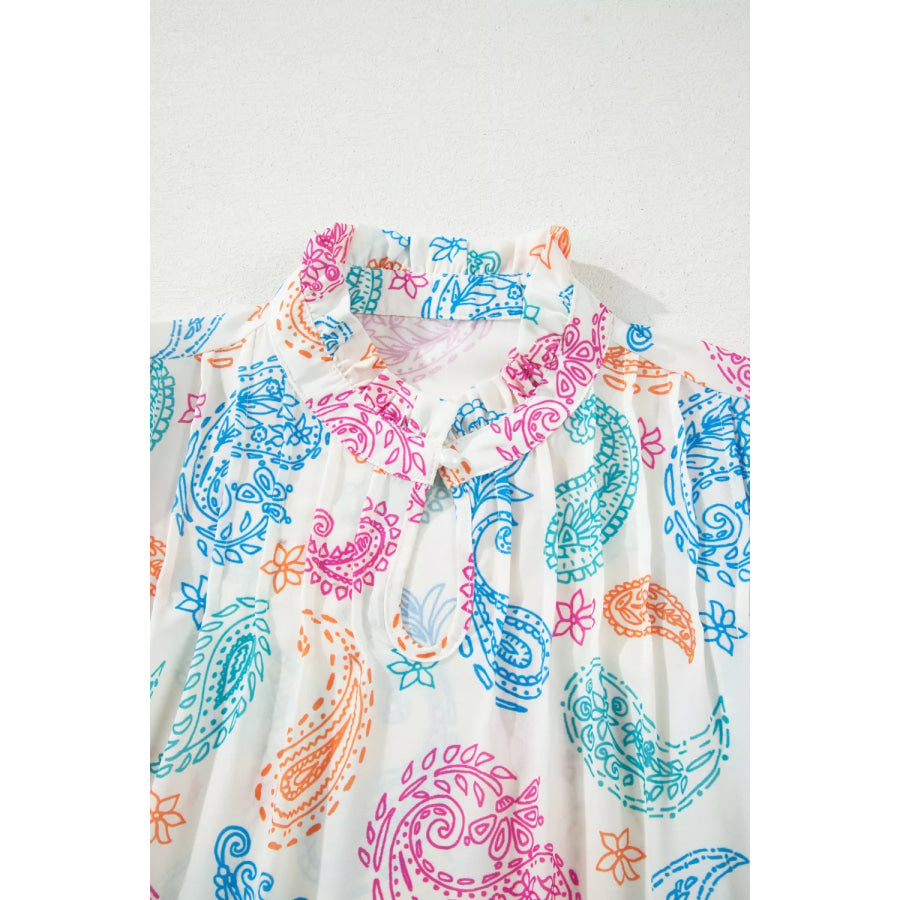 Multicolour Vibrant Paisley Printed Button Keyhole Puff Sleeve Blouse Apparel and Accessories