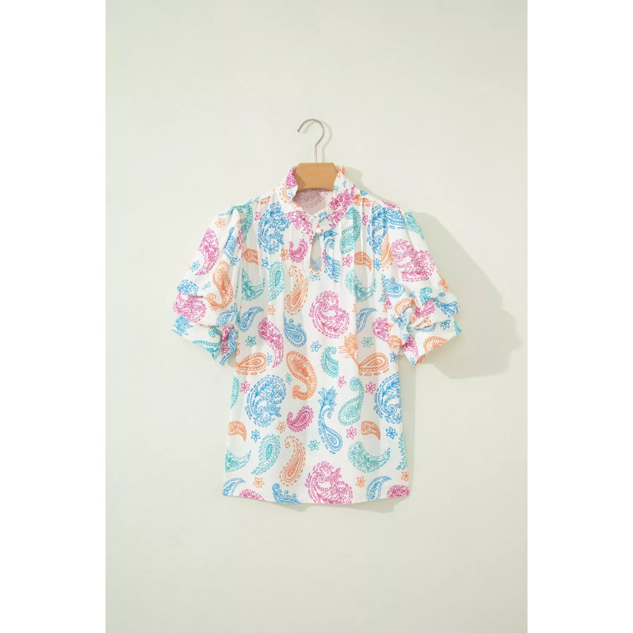Multicolour Vibrant Paisley Printed Button Keyhole Puff Sleeve Blouse Apparel and Accessories