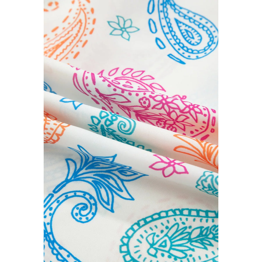 Multicolour Vibrant Paisley Printed Button Keyhole Puff Sleeve Blouse Apparel and Accessories