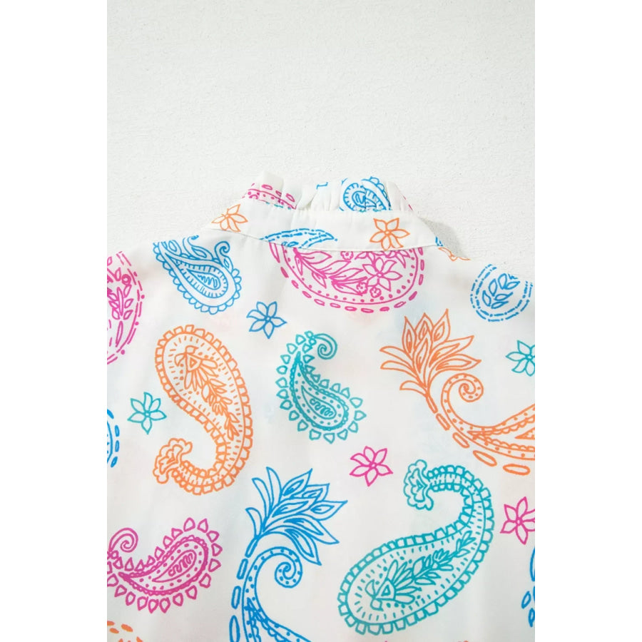 Multicolour Vibrant Paisley Printed Button Keyhole Puff Sleeve Blouse Apparel and Accessories