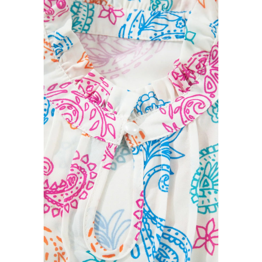 Multicolour Vibrant Paisley Printed Button Keyhole Puff Sleeve Blouse Apparel and Accessories