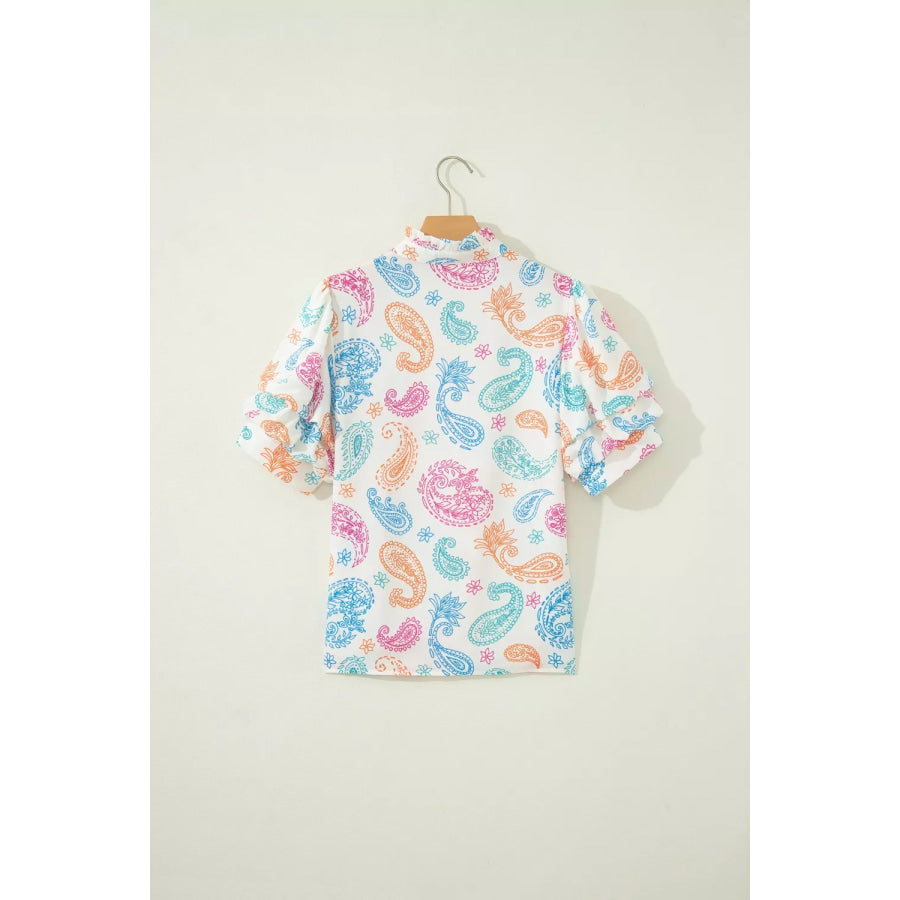 Multicolour Vibrant Paisley Printed Button Keyhole Puff Sleeve Blouse Apparel and Accessories