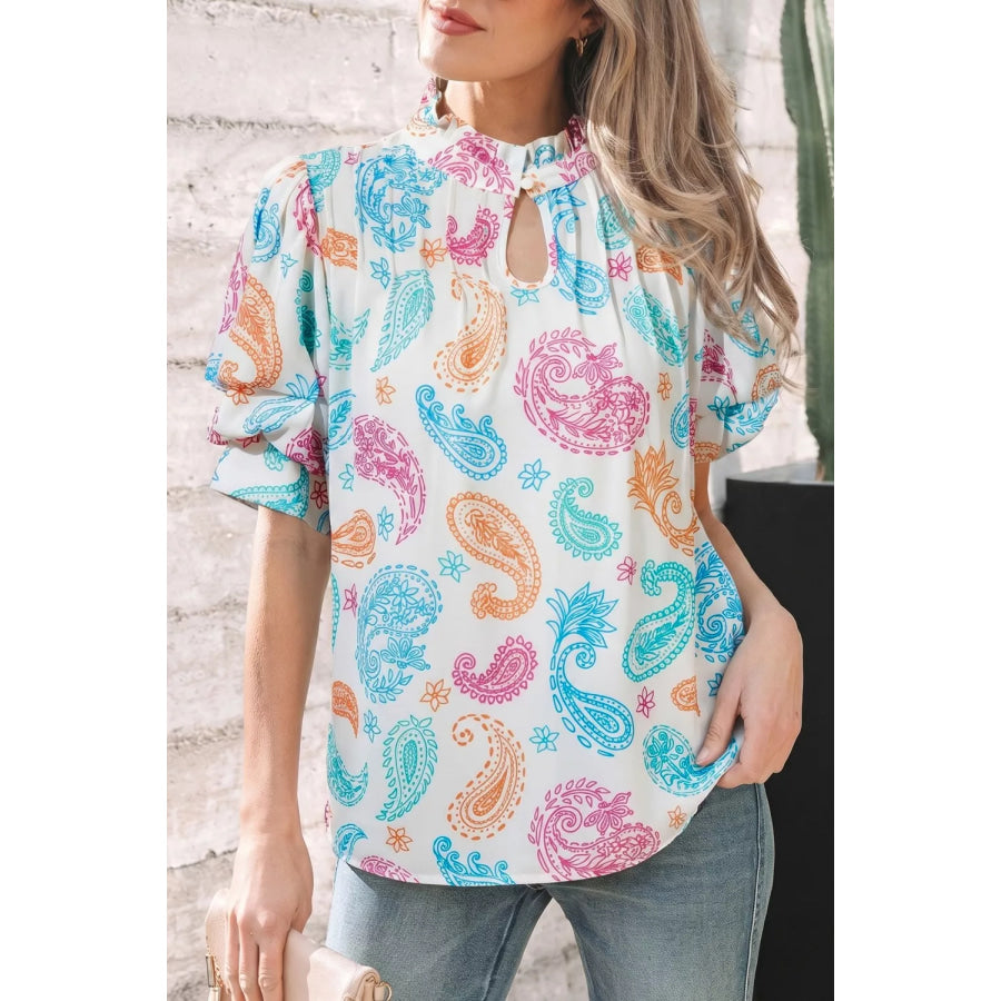 Multicolour Vibrant Paisley Printed Button Keyhole Puff Sleeve Blouse Apparel and Accessories