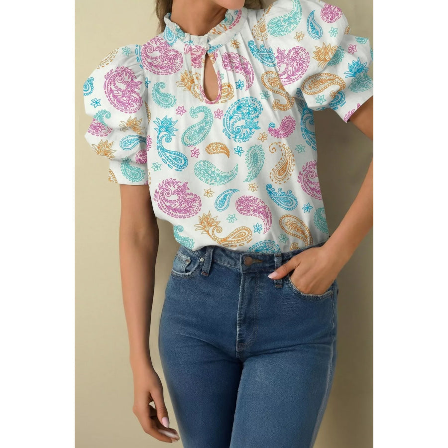 Multicolour Vibrant Paisley Printed Button Keyhole Puff Sleeve Blouse Floral / S Apparel and Accessories
