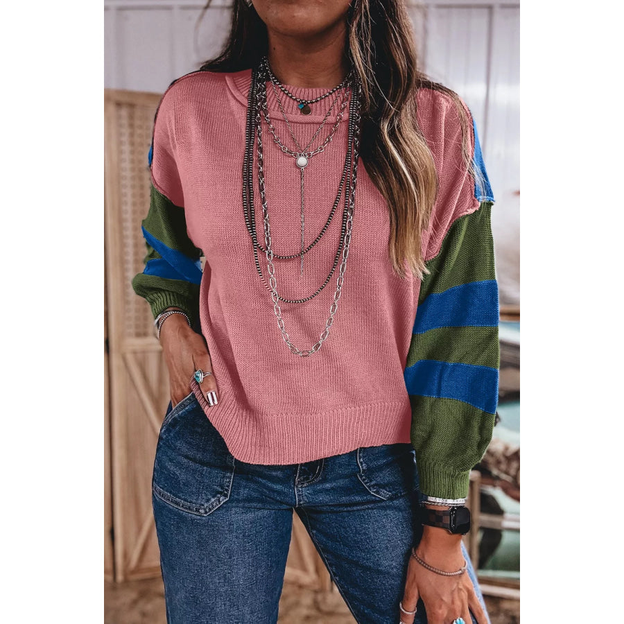 Multicolour Western Colorblock Patchwork Striped Long Sleeve Sweater Dusty Pink / S Apparel and Accessories