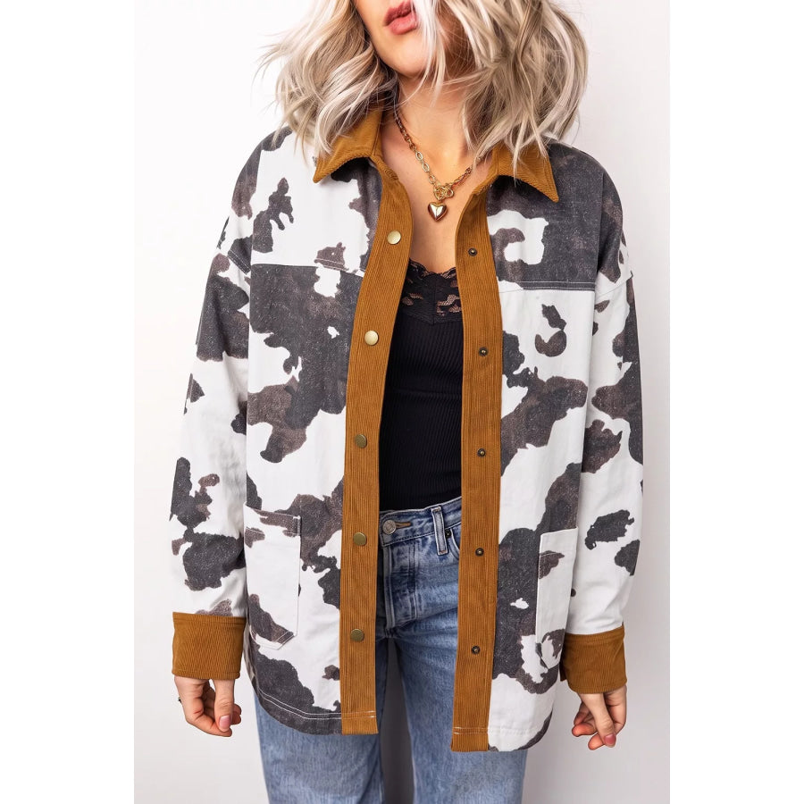 Multicolour Western Cow Print Long Sleeve Button-Up Denim Jacket Apparel and Accessories