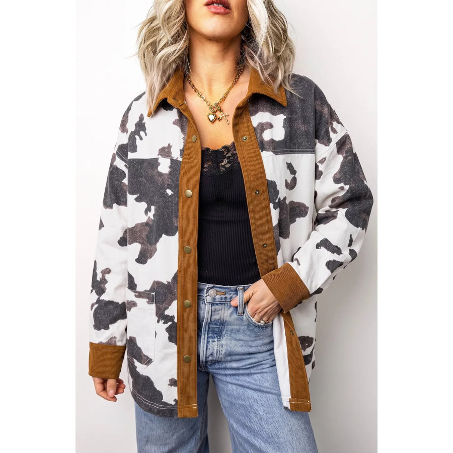 Multicolour Western Cow Print Long Sleeve Button-Up Denim Jacket Dark Gray / S Apparel and Accessories