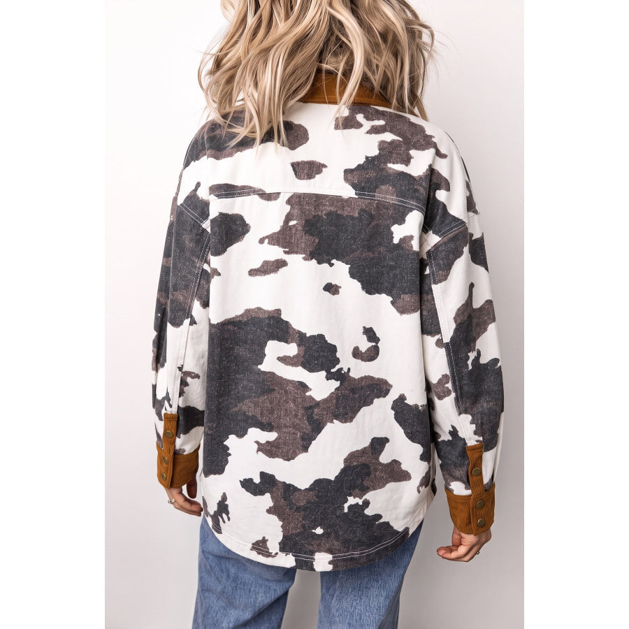 Multicolour Western Cow Print Long Sleeve Button-Up Denim Jacket Outerwear/Denim jackets