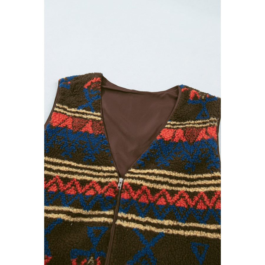 Multicolour Western Print Faux Fur Metal Zipper Insert Pockets Sleeveless Vest Outerwear/Vests