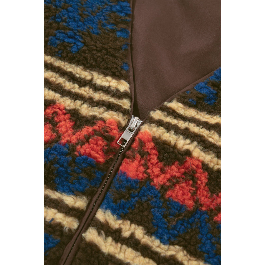 Multicolour Western Print Faux Fur Metal Zipper Insert Pockets Sleeveless Vest Outerwear/Vests