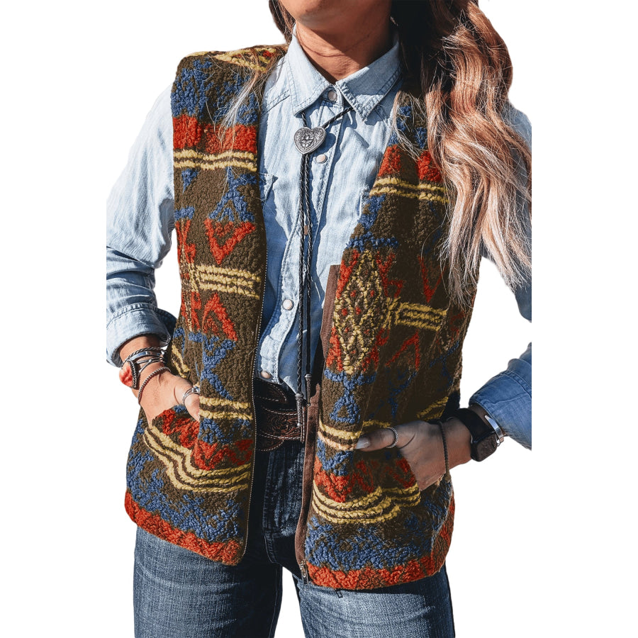 Multicolour Western Print Faux Fur Metal Zipper Insert Pockets Sleeveless Vest Outerwear/Vests