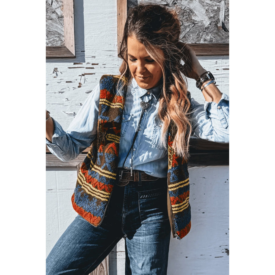 Multicolour Western Print Faux Fur Metal Zipper Insert Pockets Sleeveless Vest Outerwear/Vests