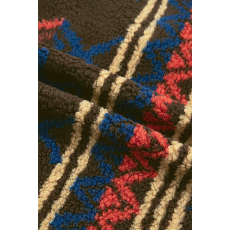 Multicolour Western Print Faux Fur Metal Zipper Insert Pockets Sleeveless Vest Outerwear/Vests