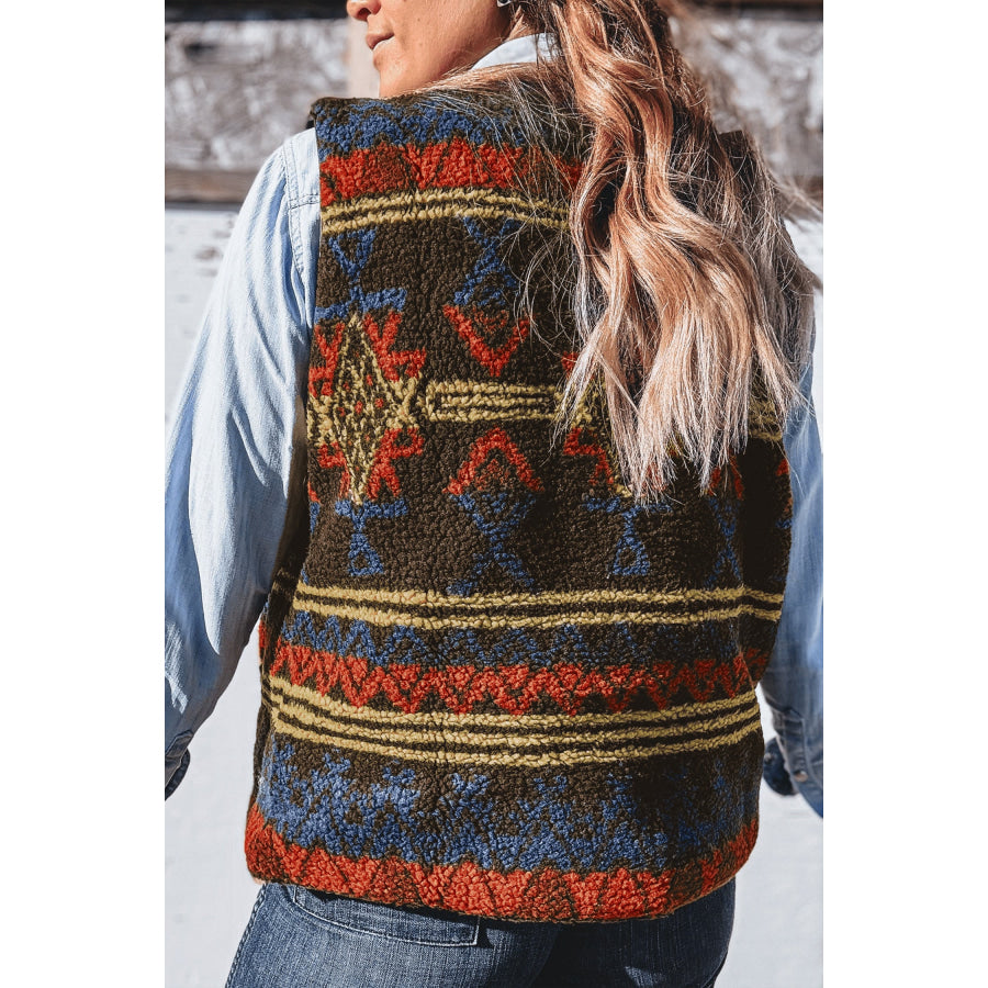 Multicolour Western Print Faux Fur Metal Zipper Insert Pockets Sleeveless Vest Multicolour / S / 100% Polyester Outerwear/Vests