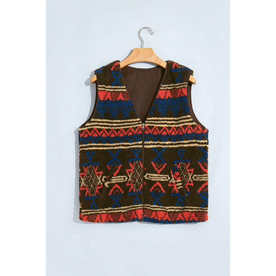 Multicolour Western Print Faux Fur Metal Zipper Insert Pockets Sleeveless Vest Outerwear/Vests