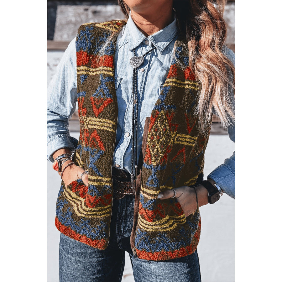 Multicolour Western Print Faux Fur Metal Zipper Insert Pockets Sleeveless Vest Multicolour / S / 100% Polyester Outerwear/Vests