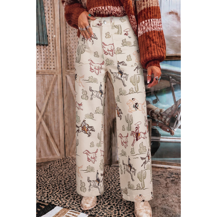 Multicolour Western Print Straight Leg Ankle-Length Pocket Jeans Multicolour / 4 Bottoms/Jeans