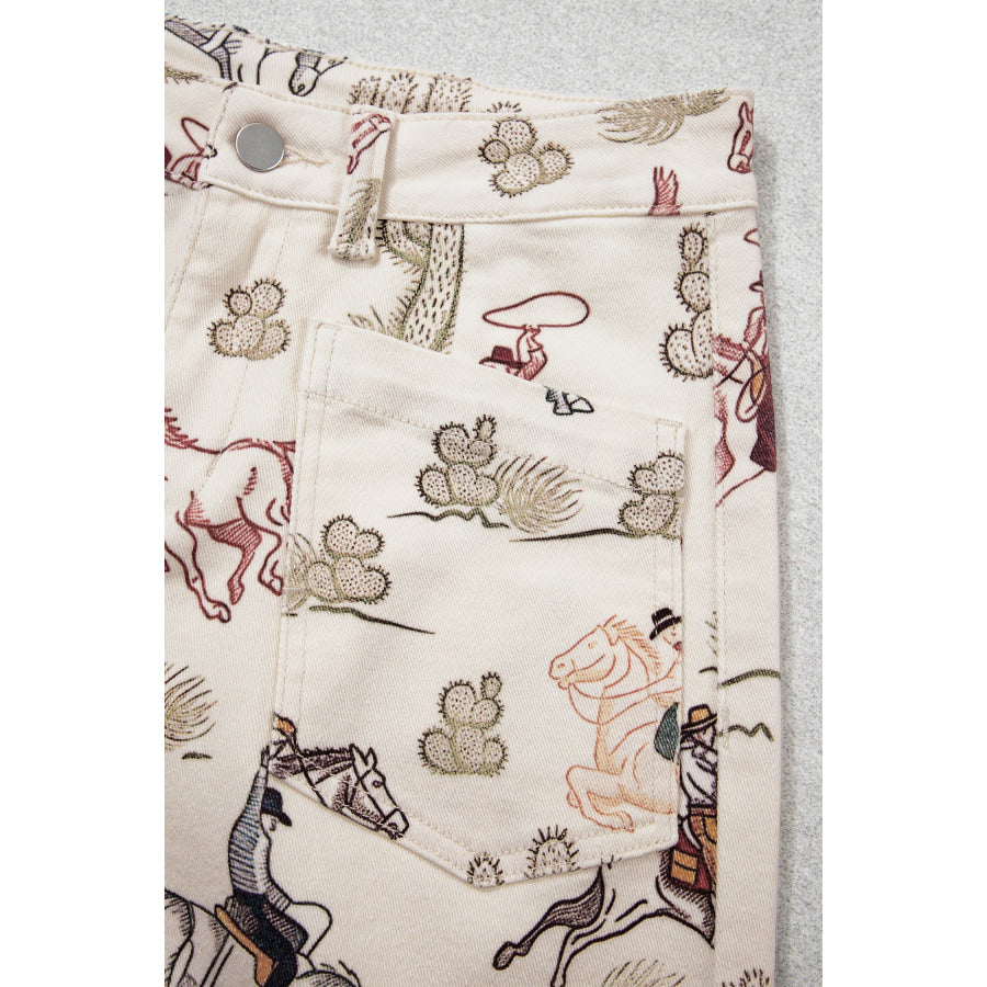 Multicolour Western Print Straight Leg Ankle-Length Pocket Jeans Bottoms/Jeans