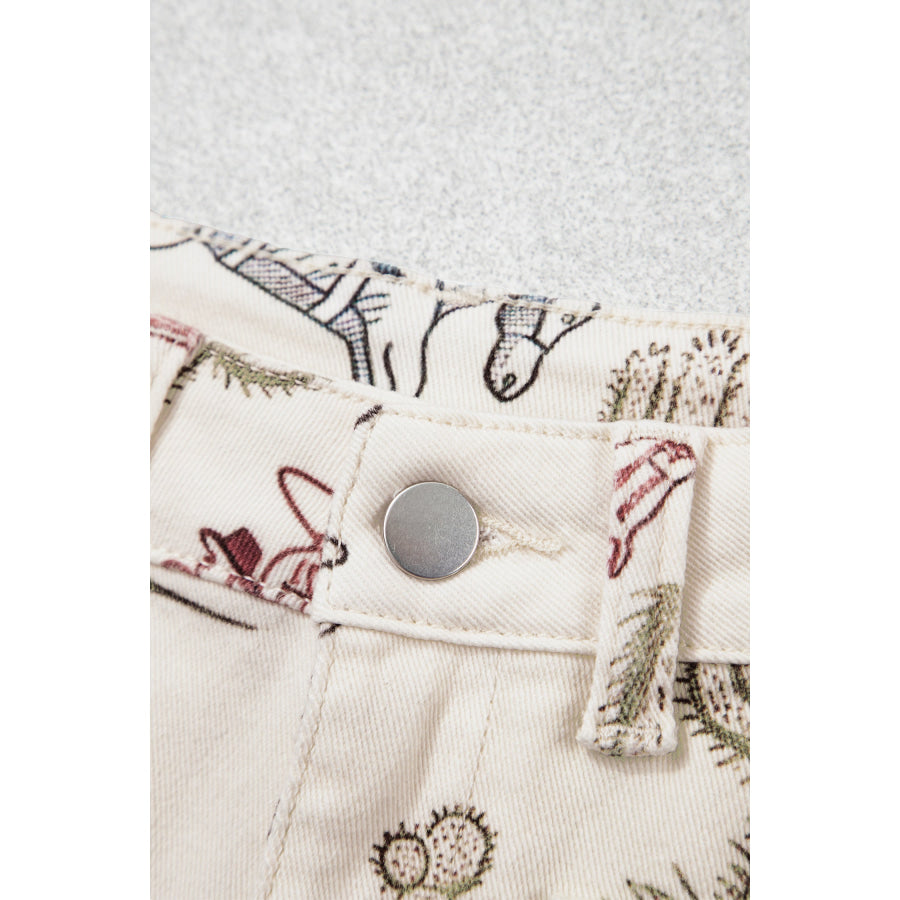 Multicolour Western Print Straight Leg Ankle-Length Pocket Jeans Bottoms/Jeans