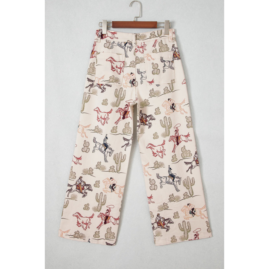Multicolour Western Print Straight Leg Ankle-Length Pocket Jeans Bottoms/Jeans