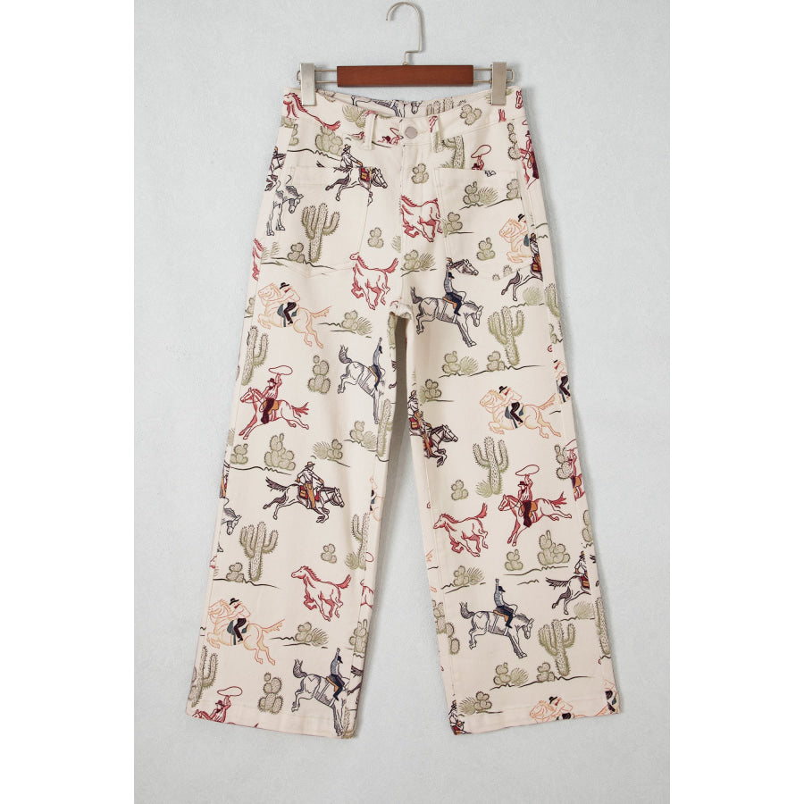 Multicolour Western Print Straight Leg Ankle-Length Pocket Jeans Bottoms/Jeans