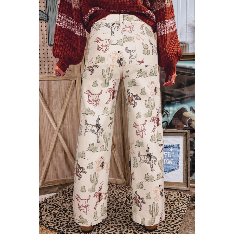 Multicolour Western Print Straight Leg Ankle-Length Pocket Jeans Multicolour / 4 Bottoms/Jeans