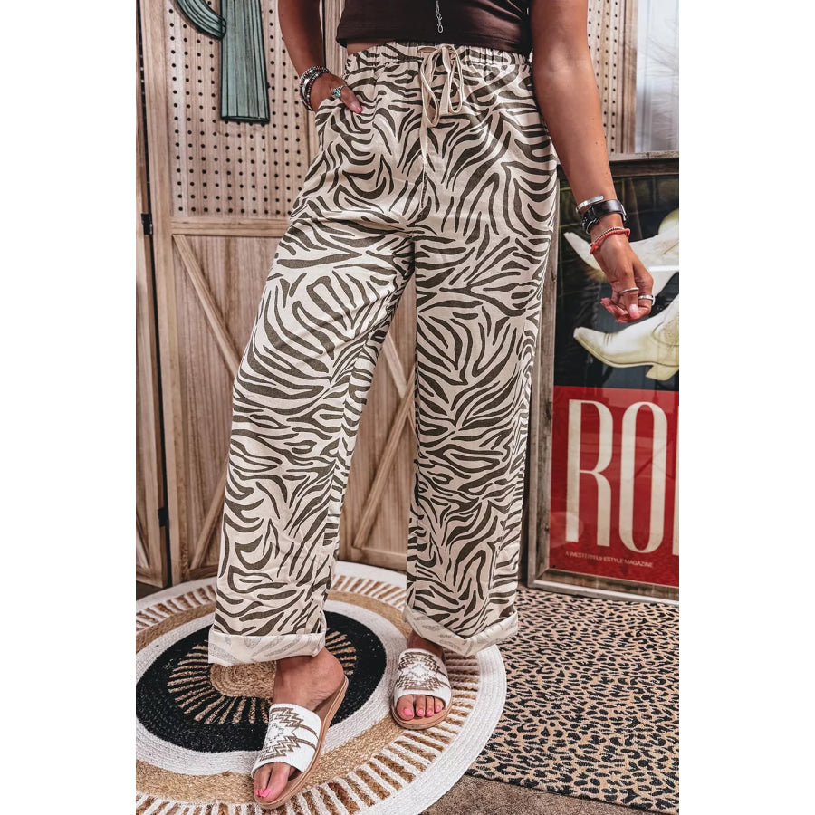 Multicolour Western Print Zebra Pattern Elastic Waist Pocket Pants Apparel and Accessories