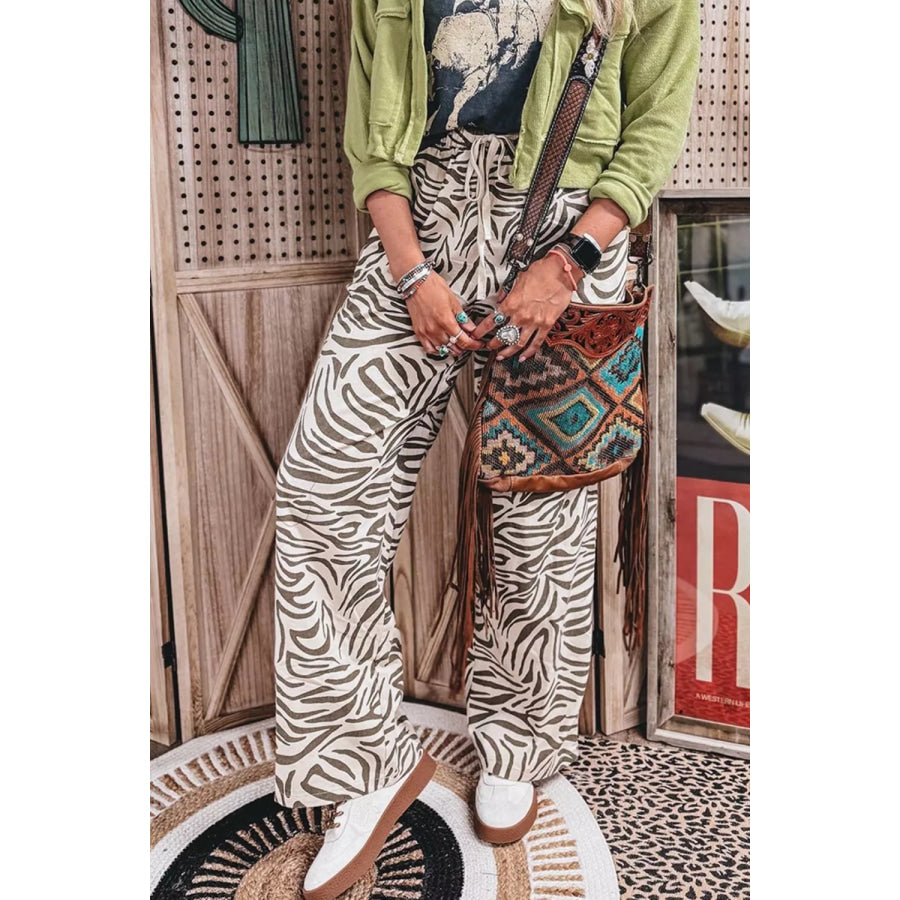 Multicolour Western Print Zebra Pattern Elastic Waist Pocket Pants Apparel and Accessories