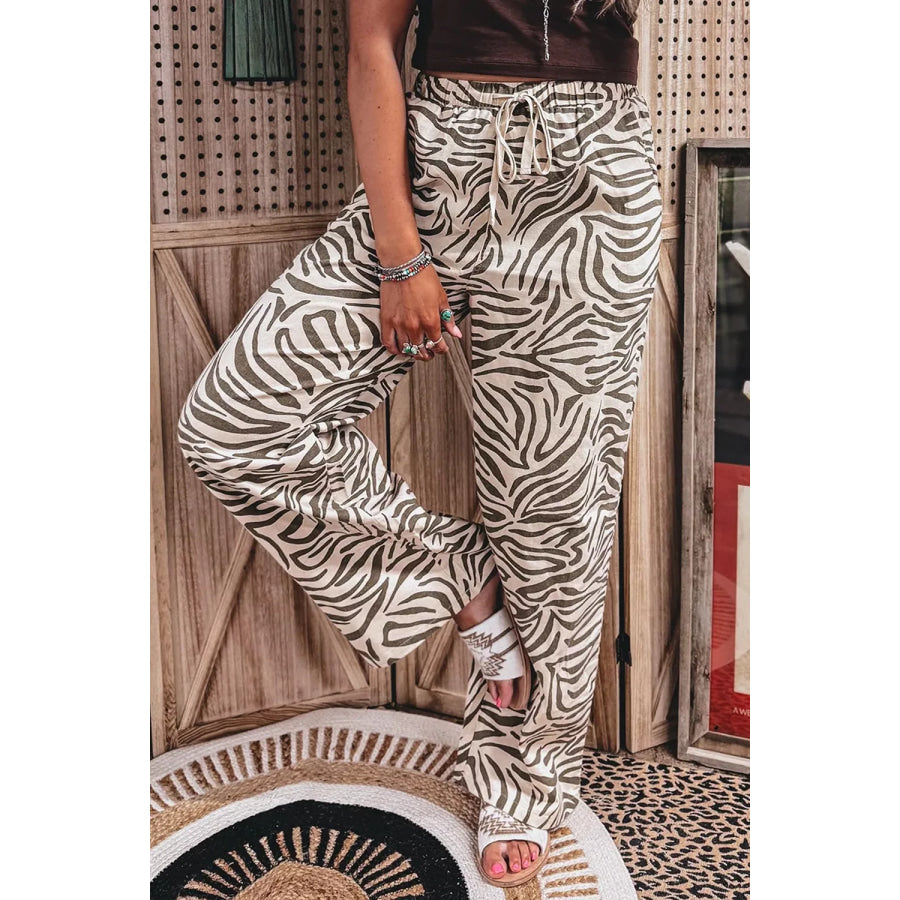 Multicolour Western Print Zebra Pattern Elastic Waist Pocket Pants Apparel and Accessories