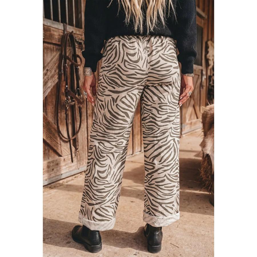 Multicolour Western Print Zebra Pattern Elastic Waist Pocket Pants Mocha / S Apparel and Accessories