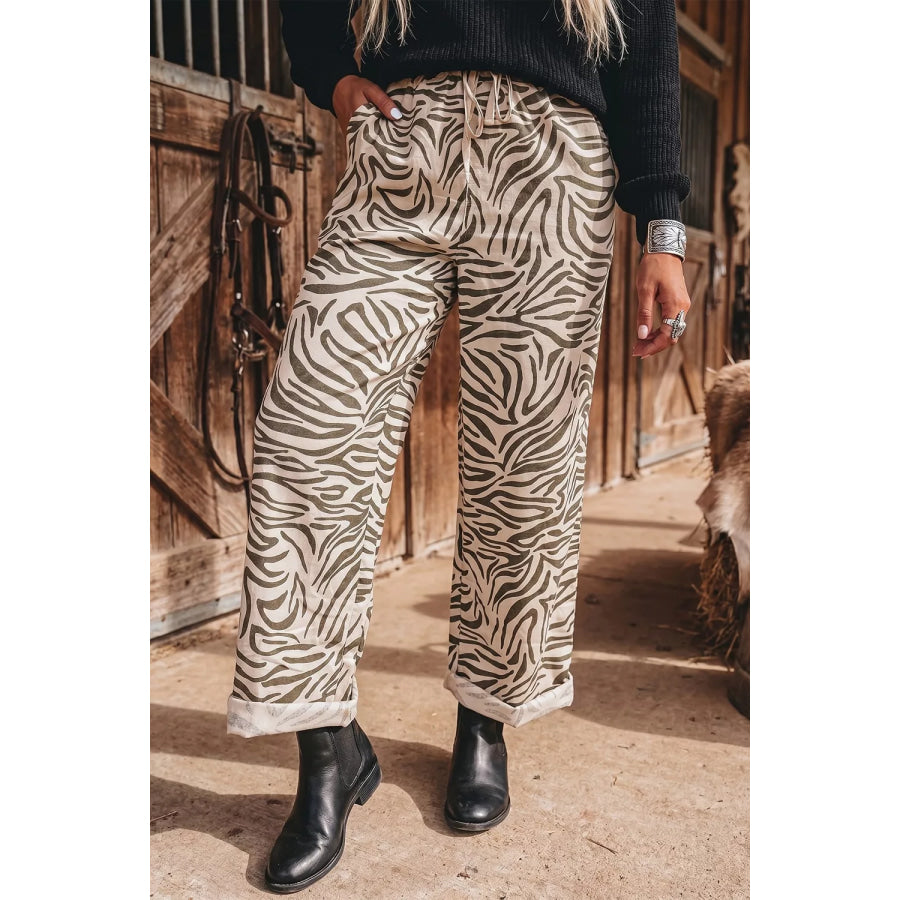 Multicolour Western Print Zebra Pattern Elastic Waist Pocket Pants Mocha / S Apparel and Accessories