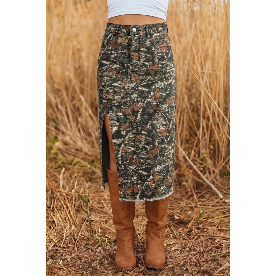 Multicolour Woodland Camouflage Split Raw Hem Midi Western Skirt Multicolour / 4 Bottoms/Skirts & Petticoat