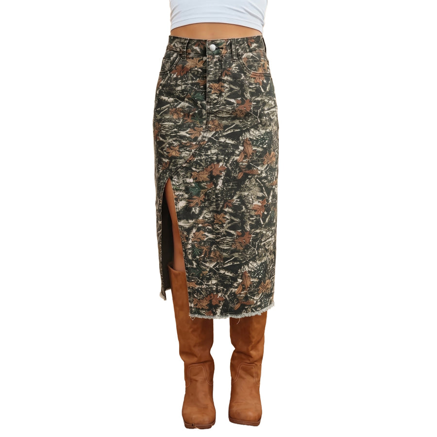 Multicolour Woodland Camouflage Split Raw Hem Midi Western Skirt Bottoms/Skirts & Petticoat