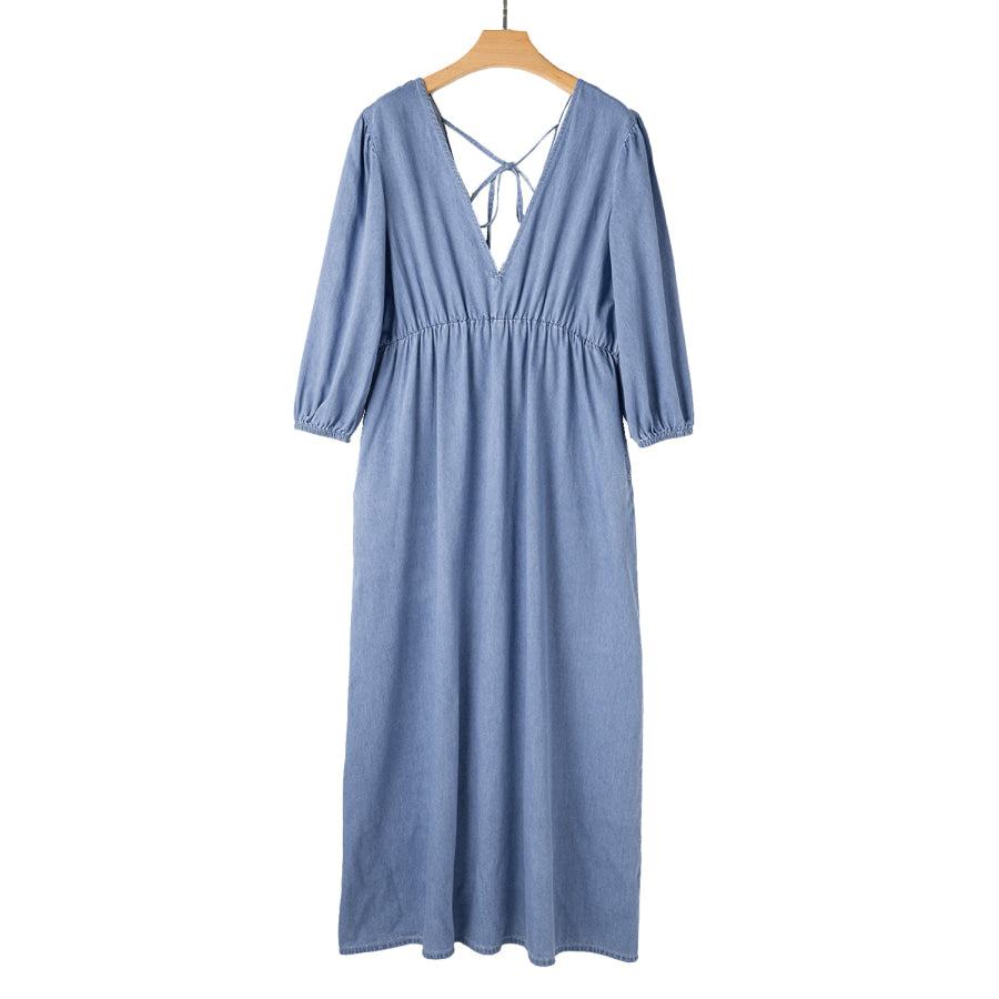 Myosotis Chambray Deep V Neck Bracelet Sleeve Maxi Dress Dresses/Maxi Dresses