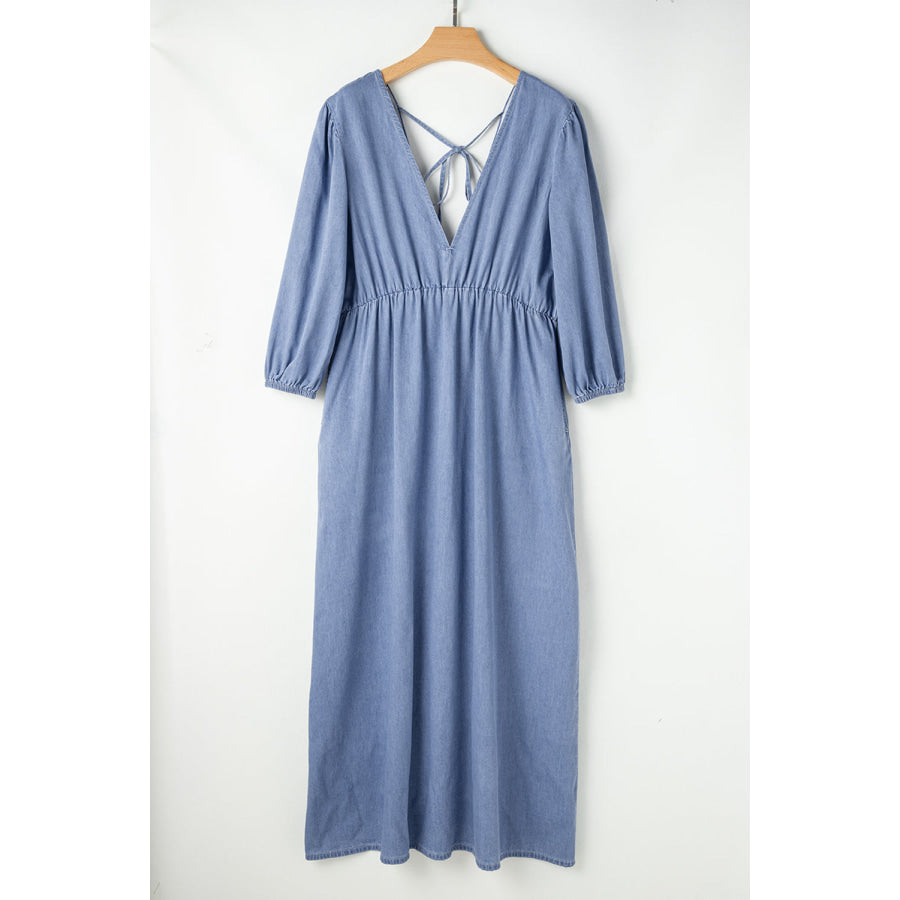 Myosotis Chambray Deep V Neck Bracelet Sleeve Maxi Dress Dresses/Maxi Dresses