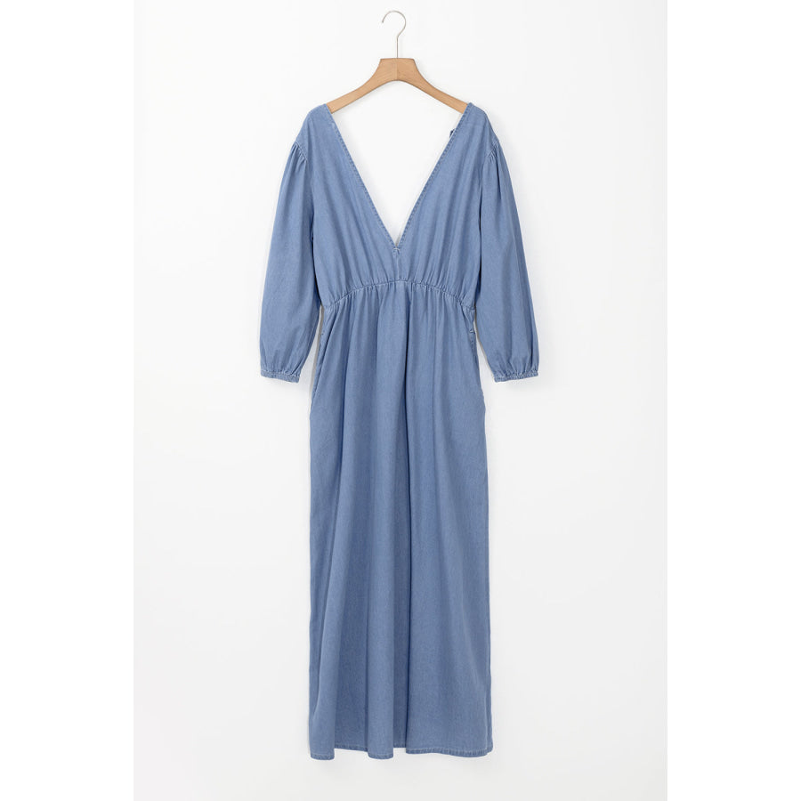 Myosotis Chambray Deep V Neck Bracelet Sleeve Maxi Dress Dresses/Maxi Dresses