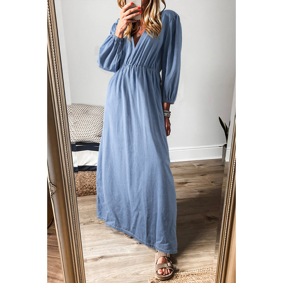Myosotis Chambray Deep V Neck Bracelet Sleeve Maxi Dress Myosotis / S / 100% Cotton Dresses/Maxi Dresses