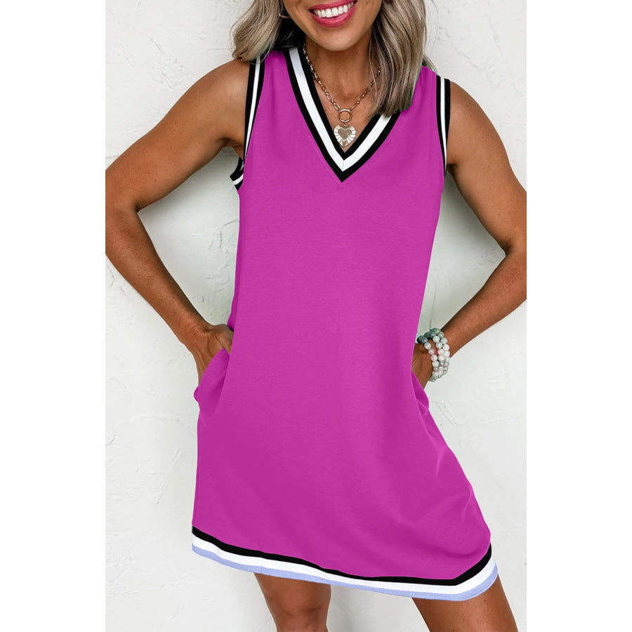 Myosotis Color Contrast Trim V Neck Shift Sleeveless Mini Dress Purple Orchid / S / 80% Polyester + 20% Cotton Dresses/Mini Dresses
