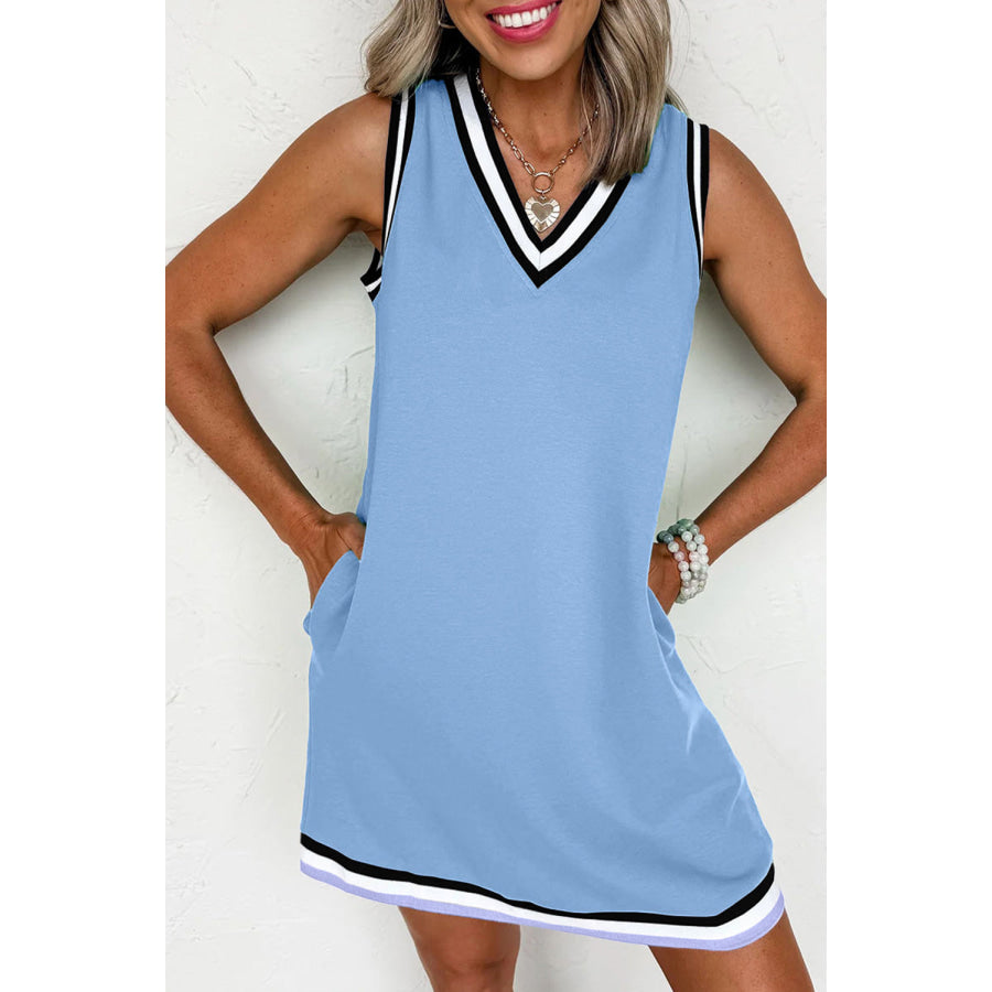 Myosotis Color Contrast Trim V Neck Shift Sleeveless Mini Dress Myosotis / S / 80% Polyester + 20% Cotton Dresses/Mini Dresses