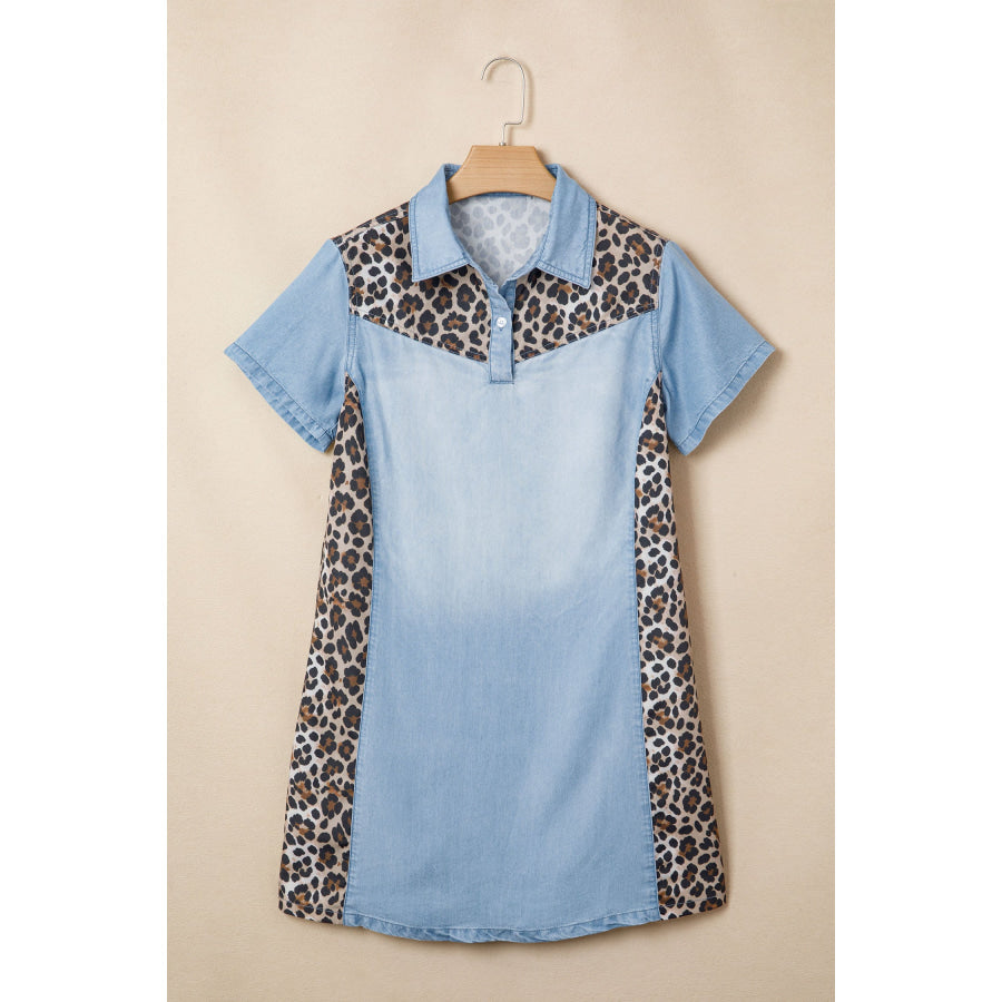 Myosotis Denim Color Block Leopard Patchwork Shirt Collar T Shirt Mini Dress Dresses/T Shirt Dresses