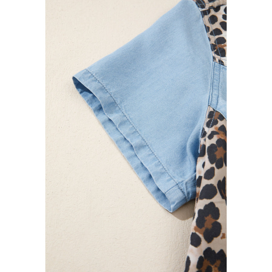 Myosotis Denim Color Block Leopard Patchwork Shirt Collar T Shirt Mini Dress Dresses/T Shirt Dresses