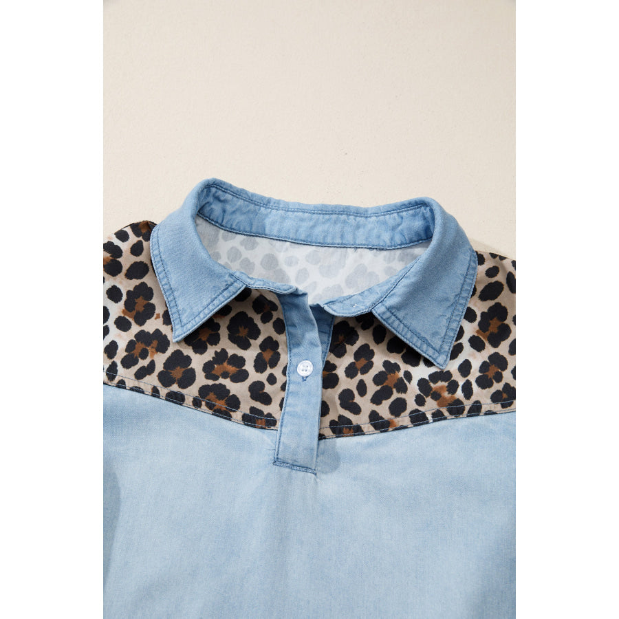Myosotis Denim Color Block Leopard Patchwork Shirt Collar T Shirt Mini Dress Dresses/T Shirt Dresses